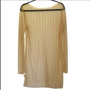SHEIN Nude Mesh Coverup Mini Dress Pearls Rhinestones Long Sleeves Scoop Neck XL